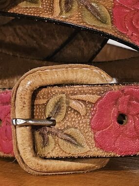 Hand Crafted Tan Leather Belt with Red Rose Tooling